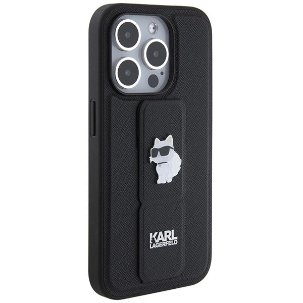 Karl Lagerfeld Gripstand Saffiano Choupette Pins case for iPhone 14 Pro Max - black