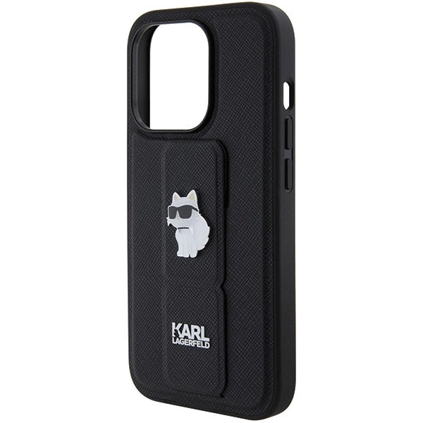 Karl Lagerfeld Gripstand Saffiano Choupette Pins case for iPhone 14 Pro Max - black