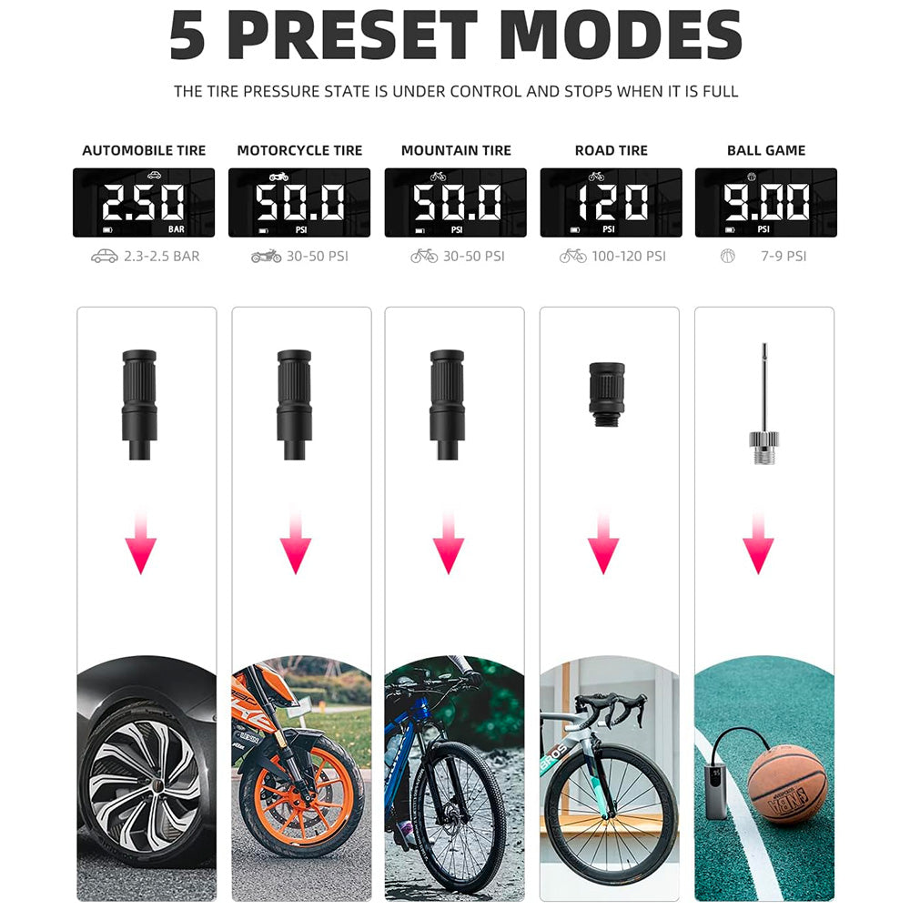 Rockbros 42720001001 Elektrisk cykelpumpe med LED-skærm + USB-C - USB-A-kabel - sort