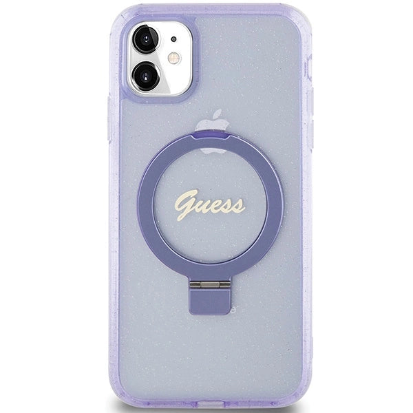 Guess Ring Stand Script Glitter MagSafe case for iPhone 11 / Xr - purple