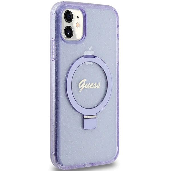 Guess Ring Stand Script Glitter MagSafe case for iPhone 11 / Xr - purple