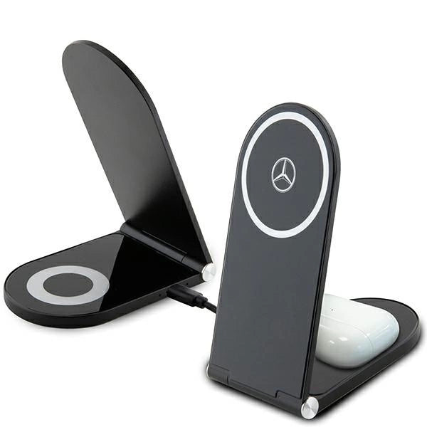 Mercedes Silver Stars MagSafe sammenklappelig 2in1 15W induktiv oplader - sort