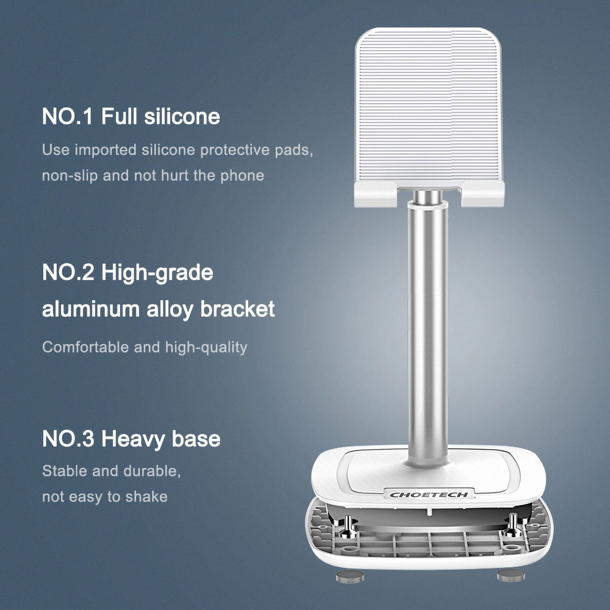 Choetech H035 aluminium stand til en telefon eller tablet med justering - hvid og sølv
