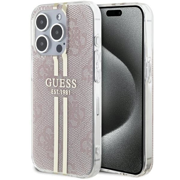 Guess IML 4G Gold Stripe-fodral til iPhone 15 Pro - pink