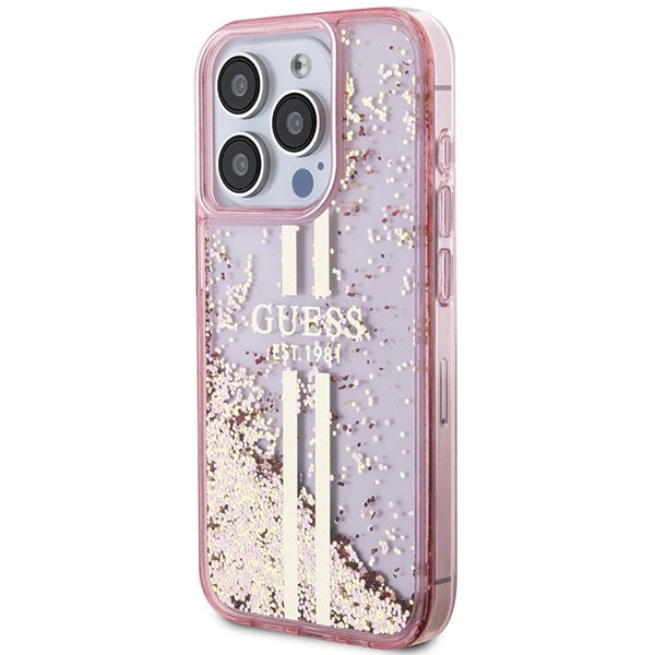 Guess Liquid Glitter Gold Stripes case til iPhone 15 Pro - pink