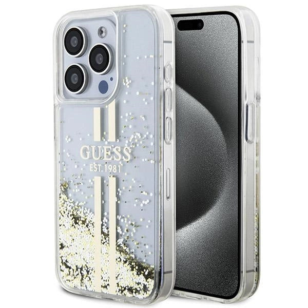 Guess Liquid Glitter Gold Stripes case til iPhone 15 Pro - gennemsigtig