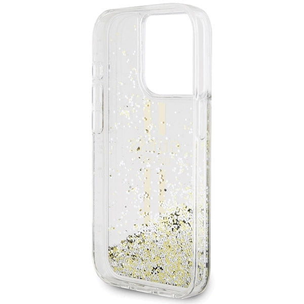 Guess Liquid Glitter Gold Stripes case til iPhone 15 Pro - gennemsigtig