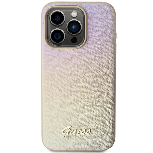 Guess Saffiano Iridescent Script case for iPhone 15 Pro - gold