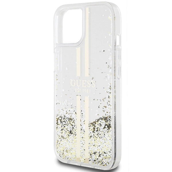 Guess Liquid Glitter Gold Stripes case til iPhone 15 Plus / 14 Plus - gennemsigtig