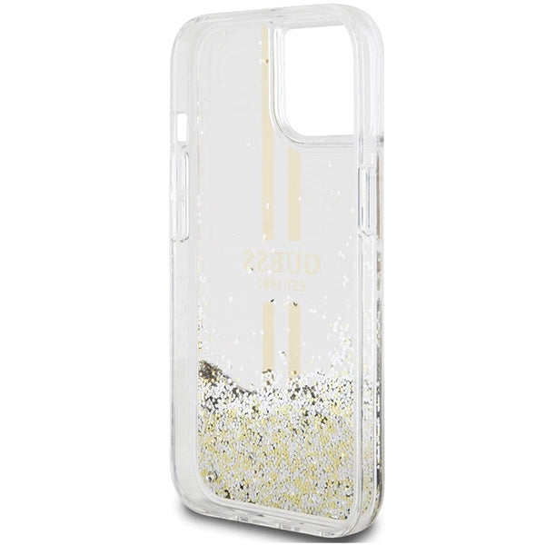 Guess Liquid Glitter Gold Stripes case til iPhone 15 Plus / 14 Plus - gennemsigtig