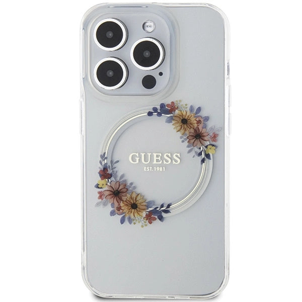 Guess IML Flowers Wreatch MagSafe-hylster til iPhone 15 Pro - gennemsigtigt