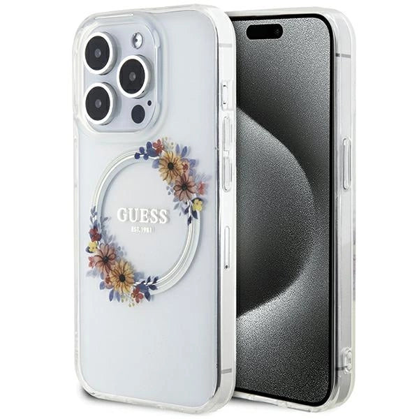 Guess IML Flowers Wreatch MagSafe iPhone 15 Pro Max Case - Clear