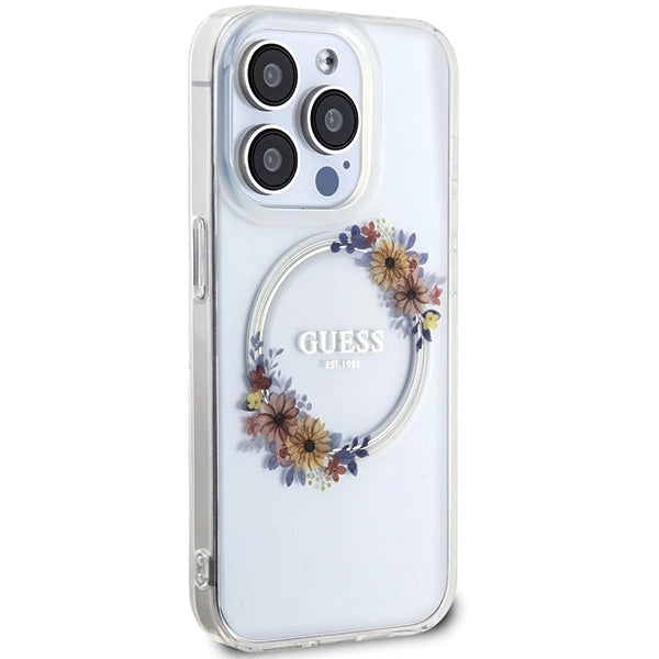 Guess IML Flowers Wreatch MagSafe iPhone 15 Pro Max Case - Clear