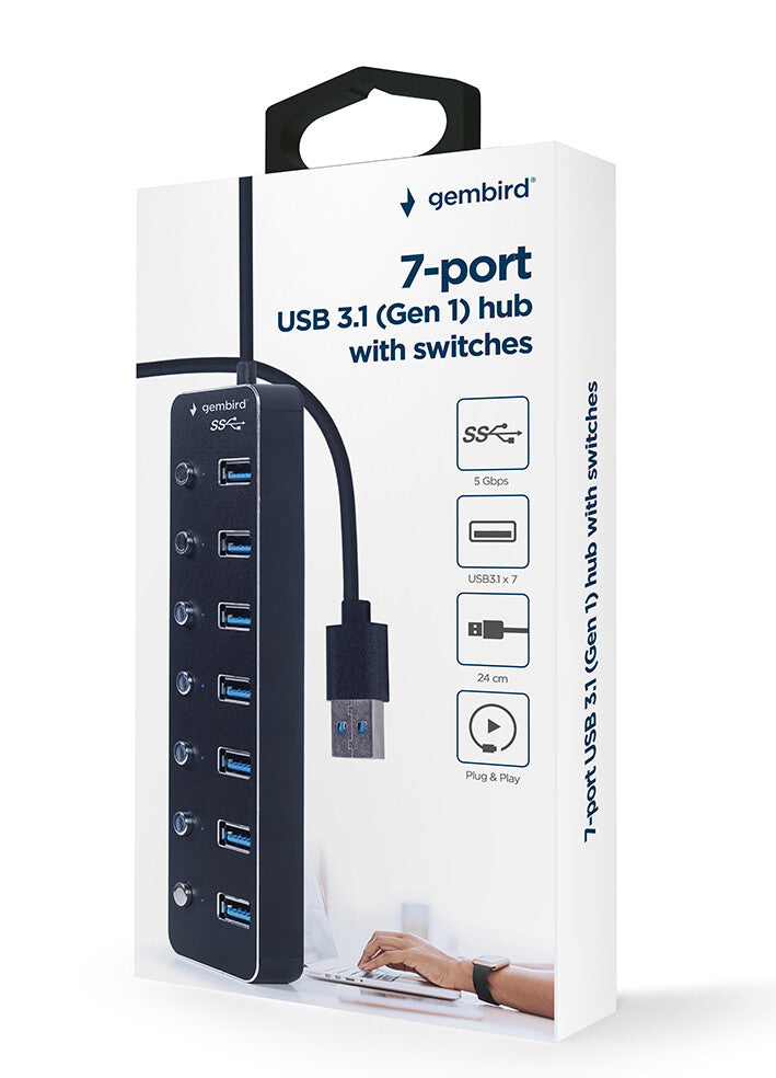 Gembird UHB-U3P7P-01 interface hub USB 3.2 Gen 1 (3.1 Gen 1) Type-A 5000 Mbit/s Sort