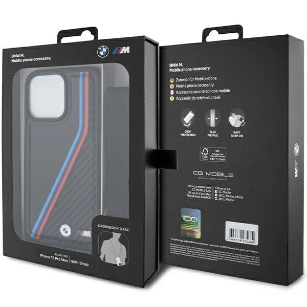 BMW M Edition Carbon Tricolor Lines & Strap case til iPhone 15 Pro - sort