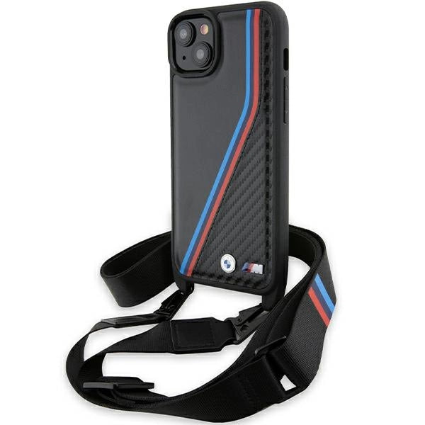 BMW M Edition Carbon Tricolor Lines & Strap Case til iPhone 15 / 14 / 13 - sort