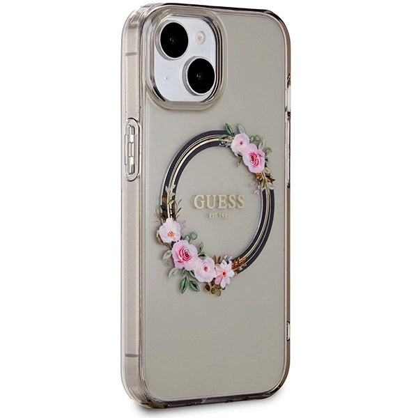 Guess IML Flowers Wreath MagSafe case for iPhone 15 / 14 / 13 - black