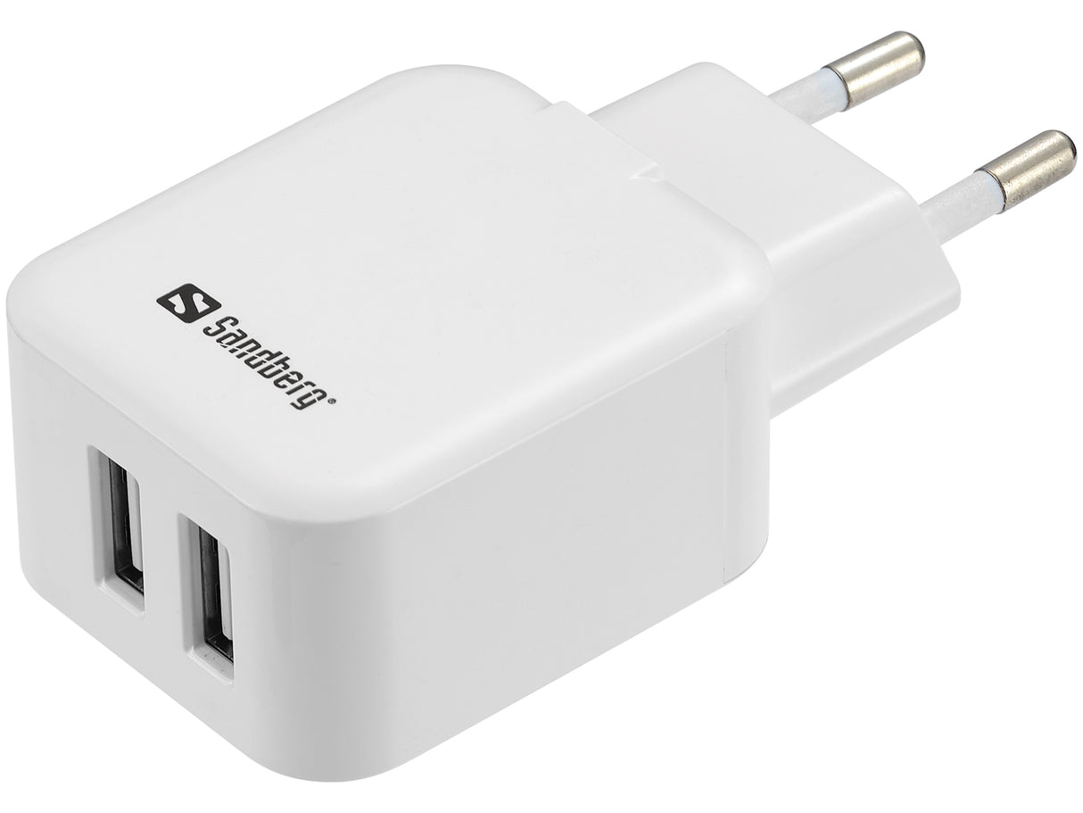 AC Charger Dual USB 2A EU, White/Black