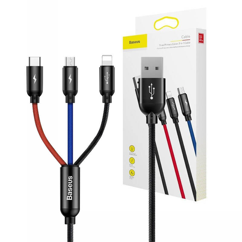 Baseus 3in1 Kabel USB-C / Lightning / Micro 3,5A 0,3m (Sort)