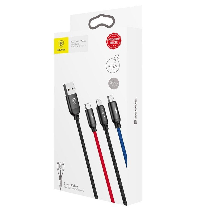 Baseus 3in1 Kabel USB-C / Lightning / Micro 3,5A 0,3m (Sort)