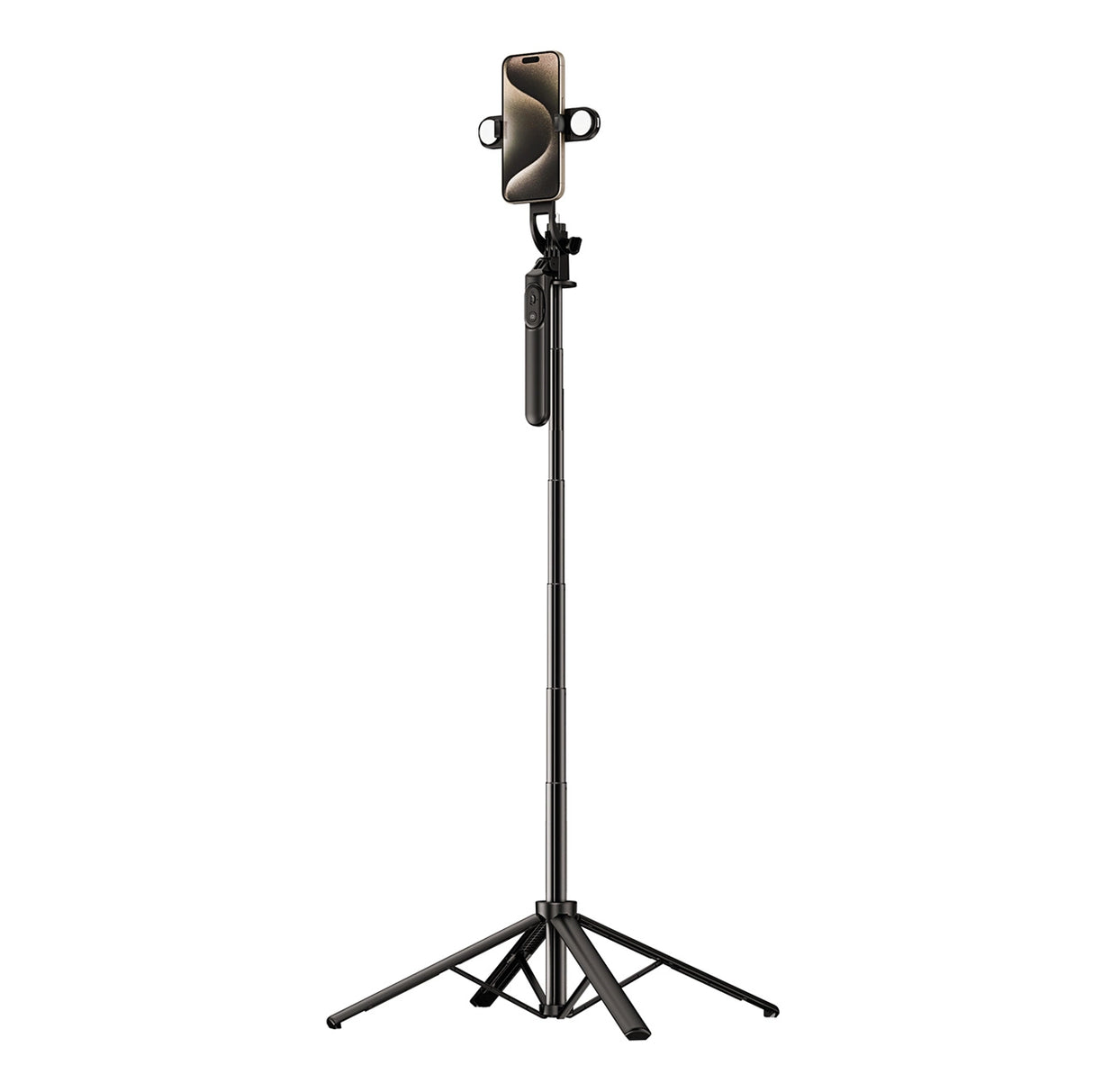 Selfie-stick WH181D-Y1S 1,75 m teleskopisk stativ af aluminiumlegering med dobbelt lampe og telefonholder - sort