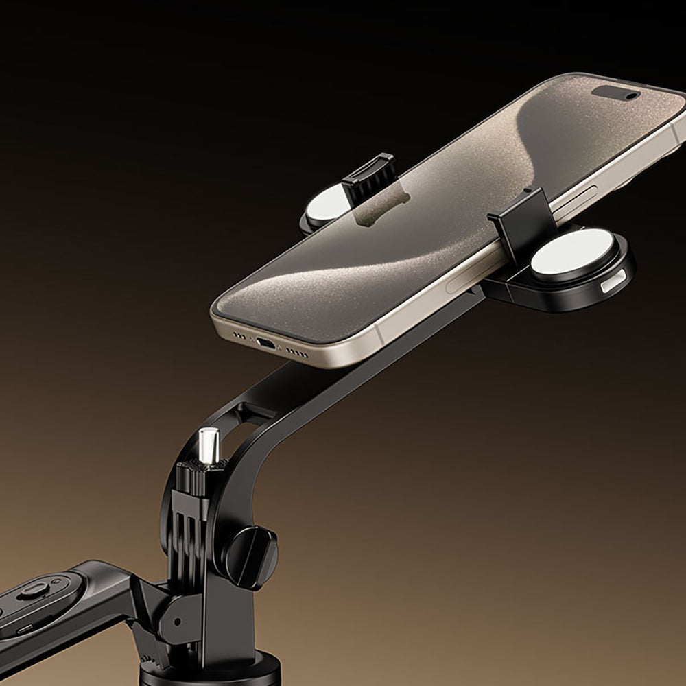 Selfiestang WH181D-Y1S 1,75m teleskopisk stativ i aluminium med dobbelt lampe og telefonholder - sort