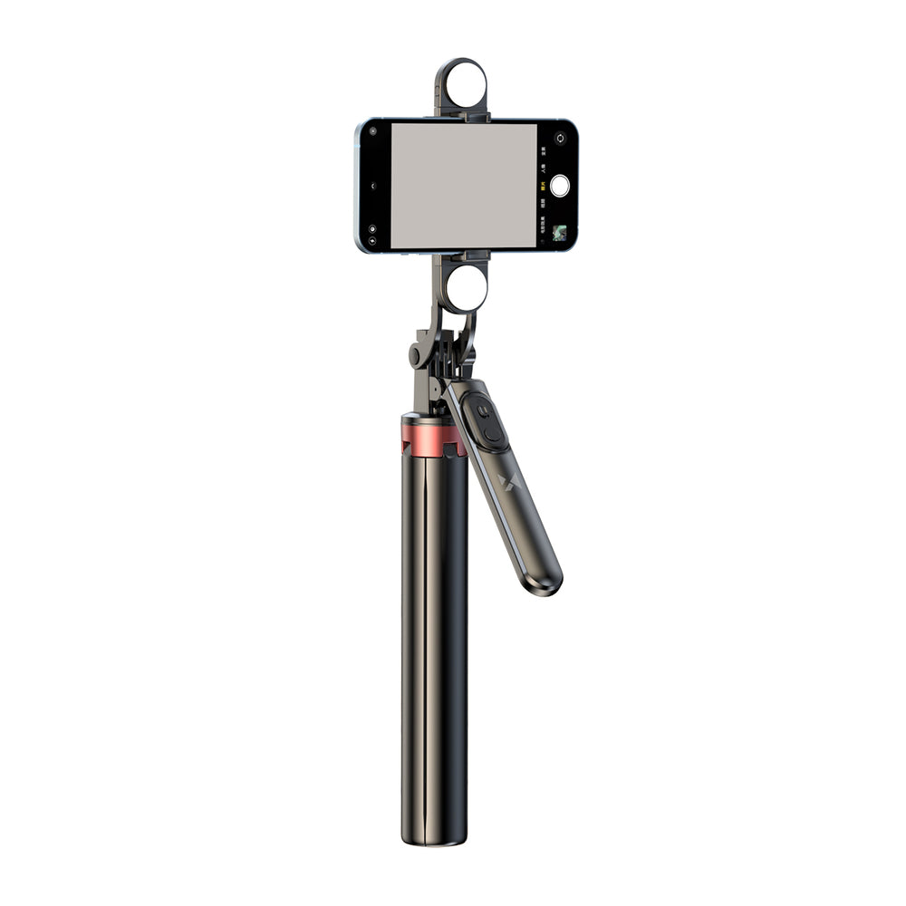 Selfiestang WH181D-Y1S 1,75m teleskopisk stativ i aluminium med dobbelt lampe og telefonholder - sort