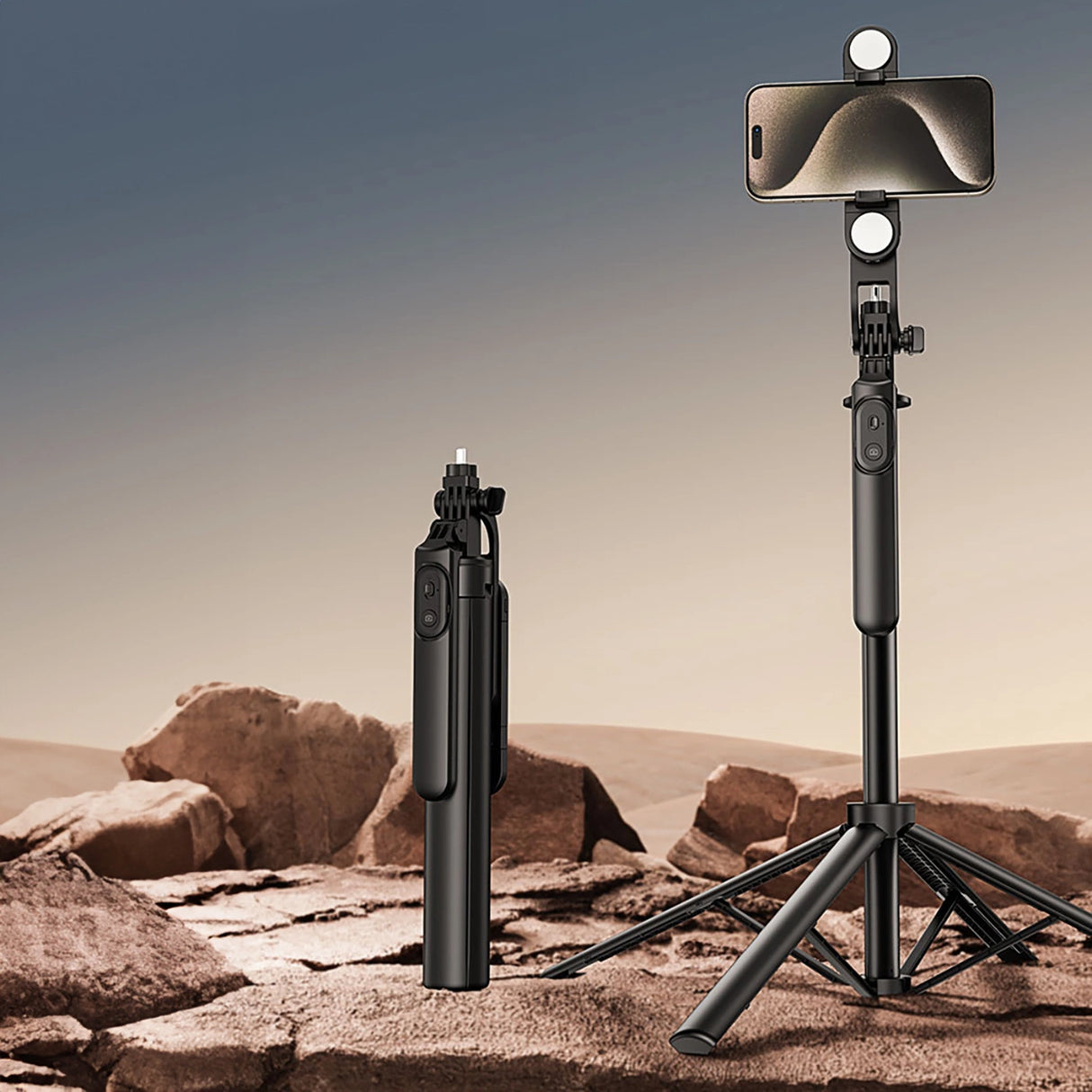 Selfie-stick WH181D-Y1S 1,75 m teleskopisk stativ af aluminiumlegering med dobbelt lampe og telefonholder - sort