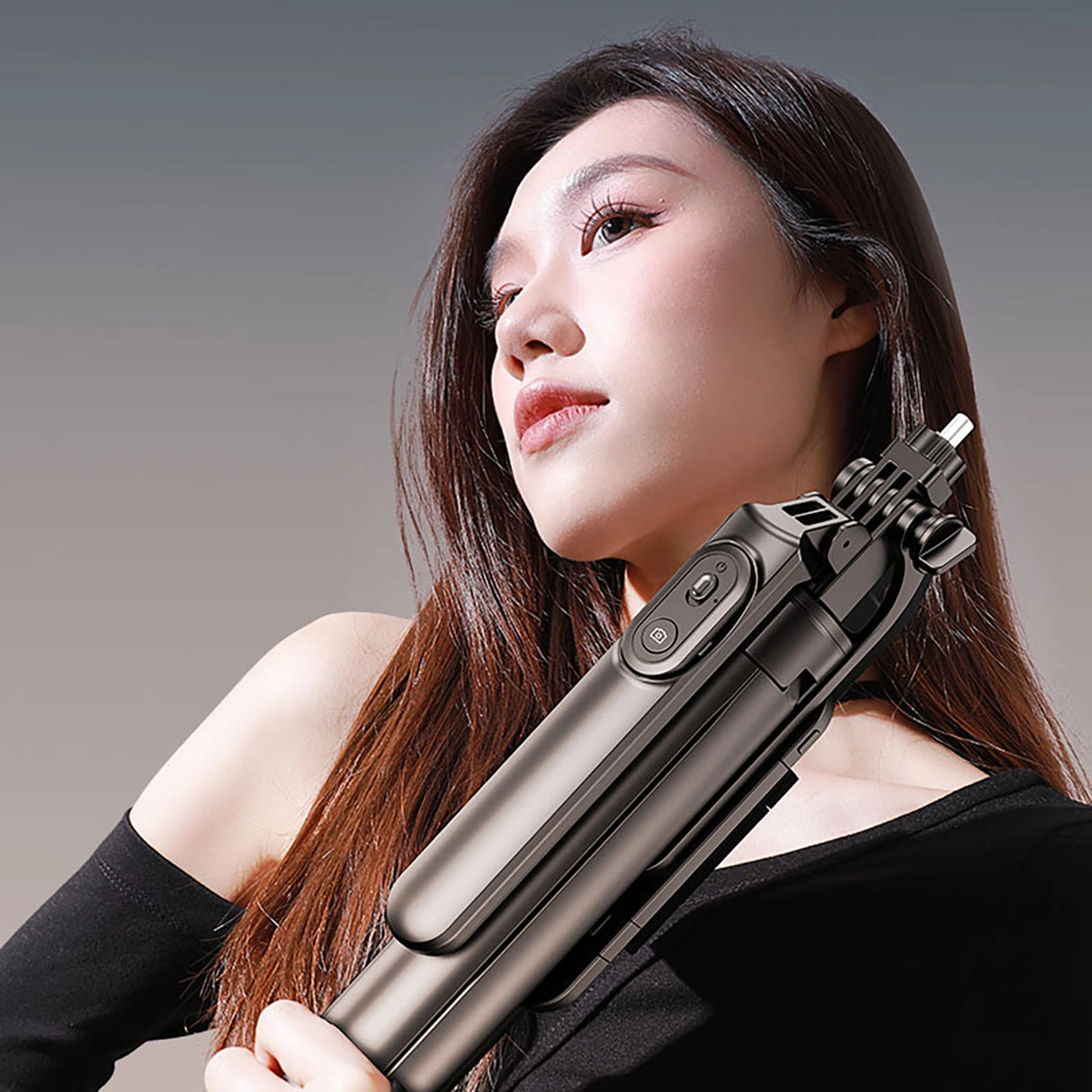 Selfie-stick WH181D-Y1S 1,75 m teleskopisk stativ af aluminiumlegering med dobbelt lampe og telefonholder - sort