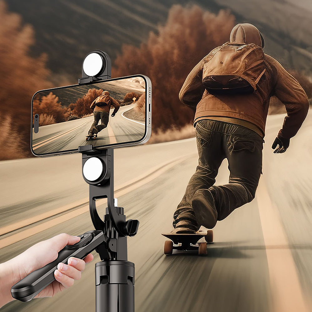 Selfiestang WH181D-Y1S 1,75m teleskopisk stativ i aluminium med dobbelt lampe og telefonholder - sort