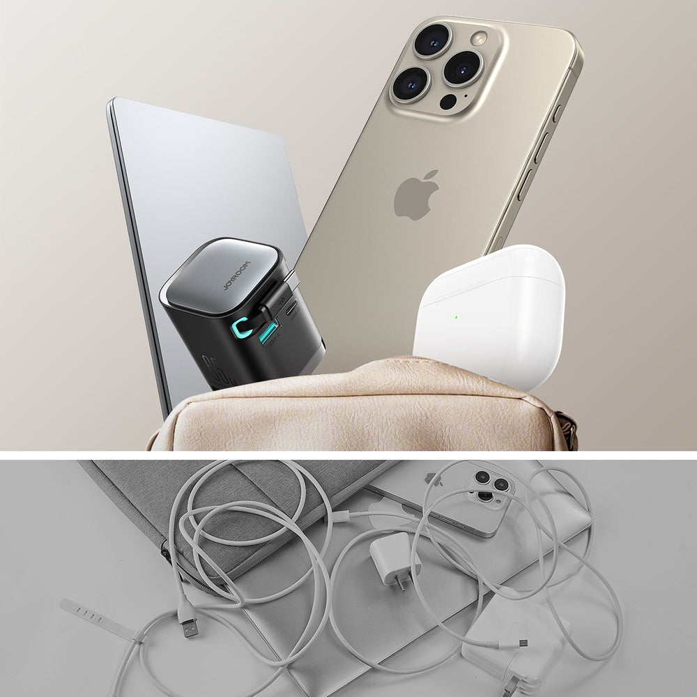 Joyroom JR-TCL02 65W USB-A USB-C GaN oplader med indbygget USB-C kabel - sort