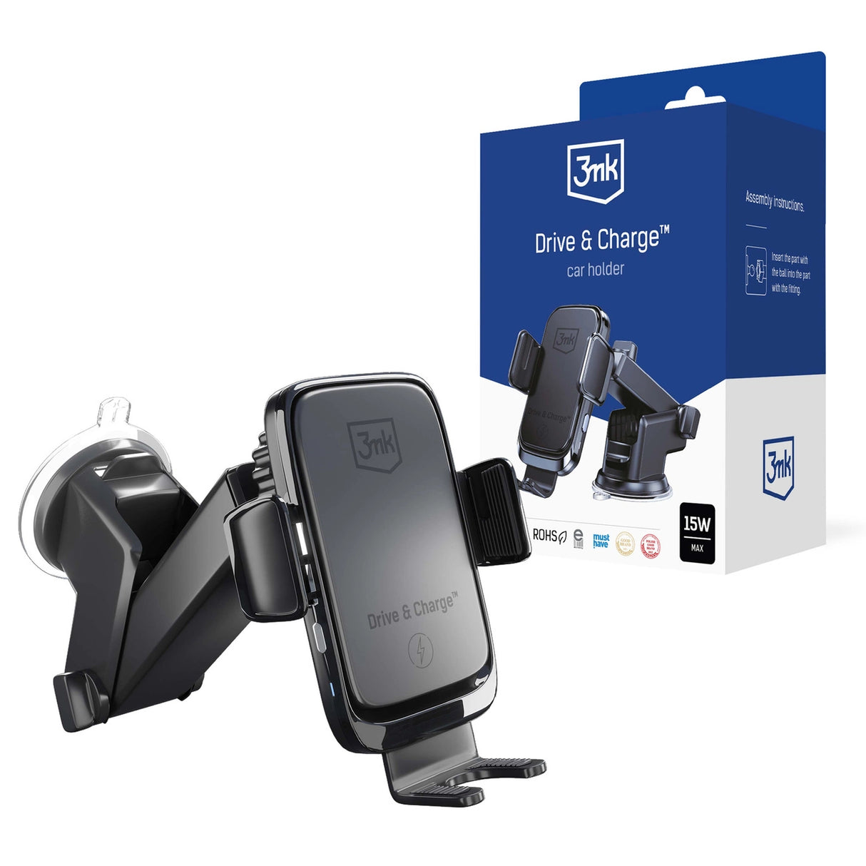 3mk Drive & Charge biltelefonholder til gitter/vindue/cockpit med induktiv oplader - sort