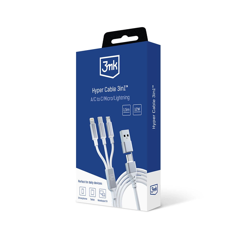 3mk Hyper Cable 3in1 USB-A - USB-C / USB-C - micro USB - Lightning 1,5m - hvid