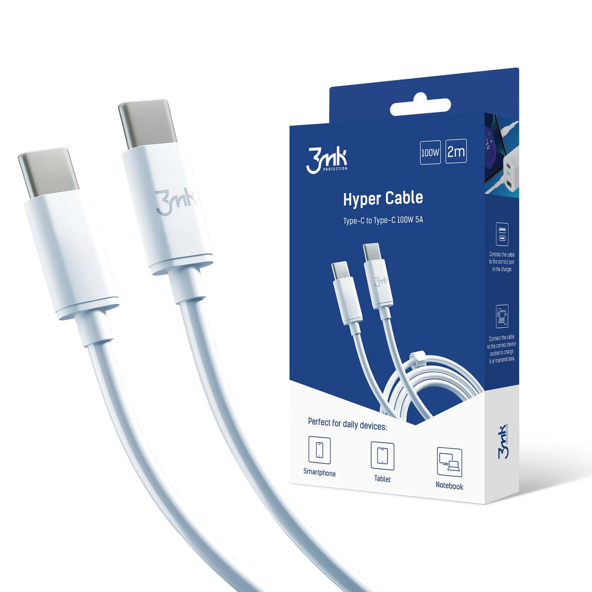 3mk Hyper Cable USB-C / USB-C 100W 2m - hvid