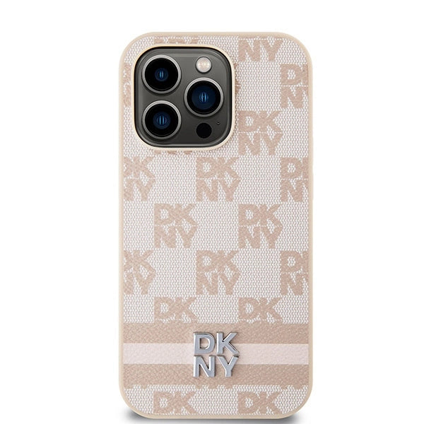 DKNY Leather Checkered Mono Pattern & Printed Stripes case for iPhone 14 Pro - pink