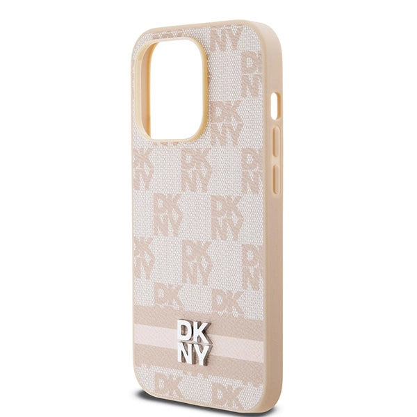 DKNY Leather Checkered Mono Pattern & Printed Stripes case for iPhone 14 Pro - pink