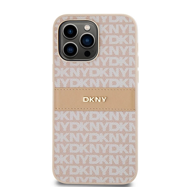 DKNY Leather Mono Stripe & Metal Logo case for iPhone 14 Pro - pink