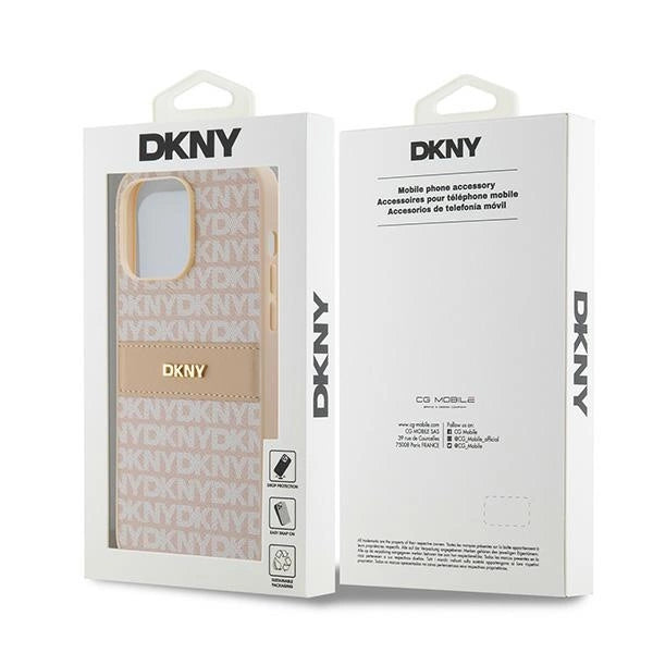DKNY Leather Mono Stripe & Metal Logo case for iPhone 14 Pro - pink