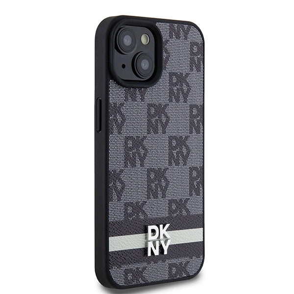 DKNY Leather Checkered Mono Pattern & Printed Stripes Case for iPhone 15/14/13 - Black