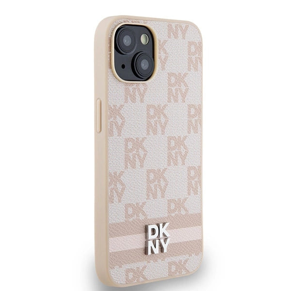 DKNY Leather Checkered Mono Pattern & Printed Stripes case for iPhone 15 / 14 / 13 - pink
