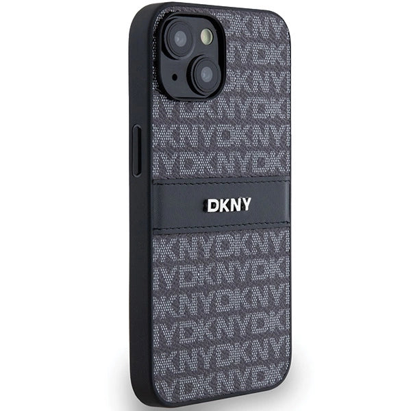 DKNY Leather Mono Stripe & Metal Logo Case for iPhone 15/14/13 - Black