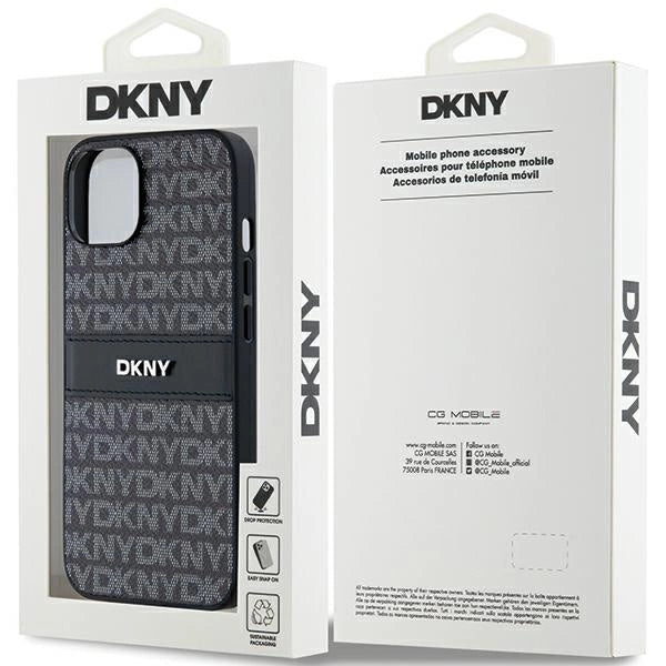 DKNY Leather Mono Stripe & Metal Logo Case for iPhone 15/14/13 - Black