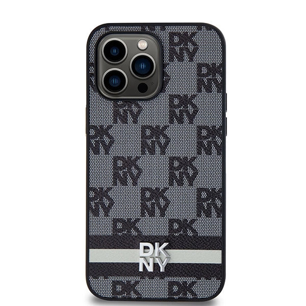 DKNY Leather Checkered Mono Pattern & Printed Stripes Case for iPhone 14 Pro Max - Black