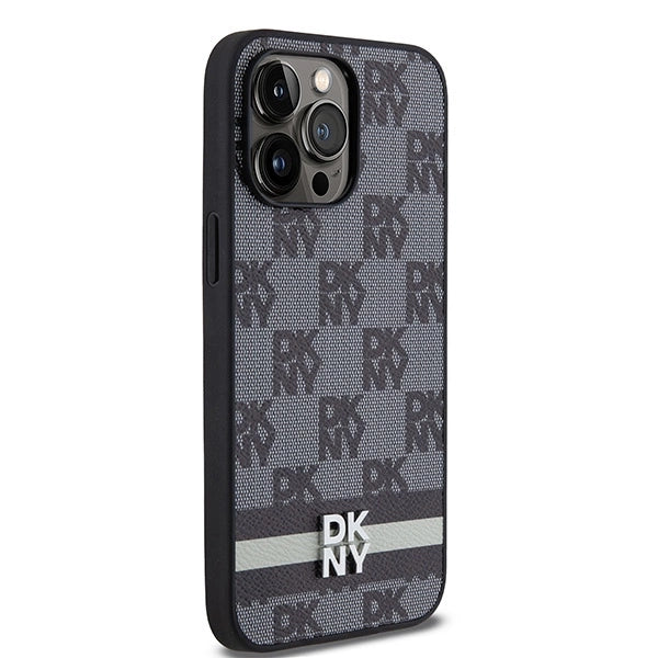 DKNY Leather Checkered Mono Pattern & Printed Stripes Case for iPhone 14 Pro Max - Black