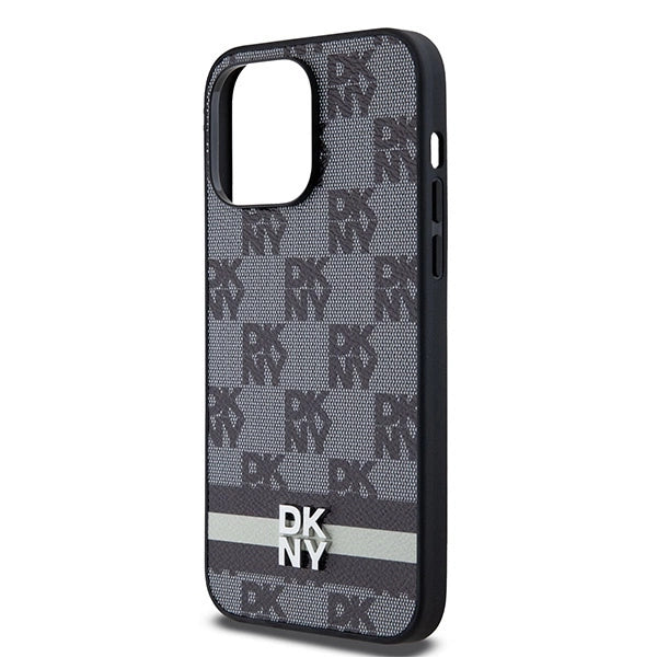 DKNY Leather Checkered Mono Pattern & Printed Stripes Case for iPhone 14 Pro Max - Black