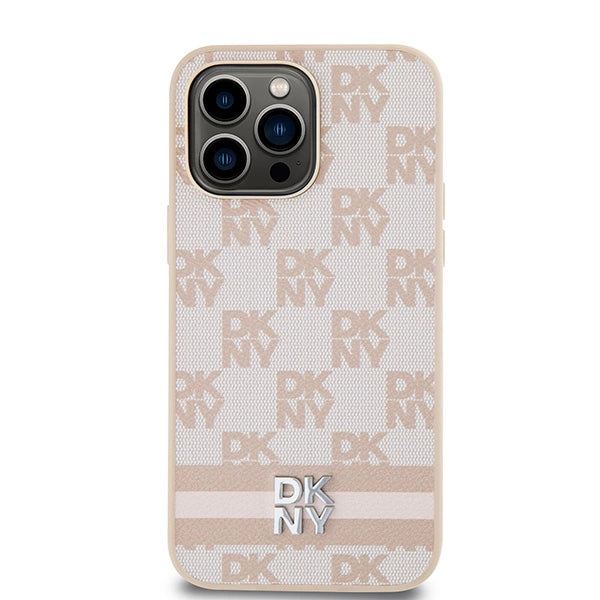 DKNY Leather Checkered Mono Pattern & Printed Stripes case for iPhone 14 Pro Max - pink
