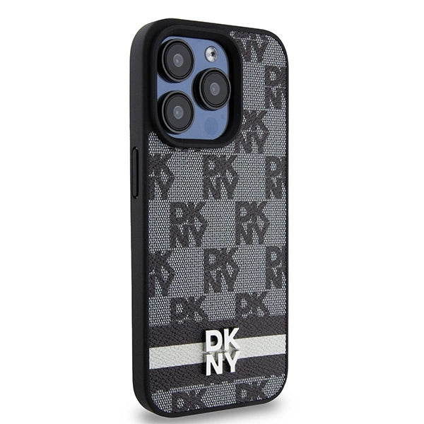 DKNY Leather Checkered Mono Pattern & Printed Stripes iPhone 15 Pro Case - Black