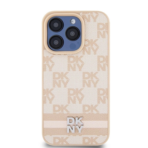 DKNY Leather Checkered Mono Pattern & Printed Stripes case for iPhone 15 Pro - pink