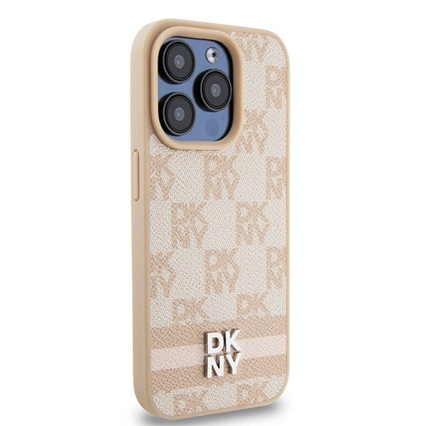 DKNY Leather Checkered Mono Pattern & Printed Stripes case for iPhone 15 Pro - pink