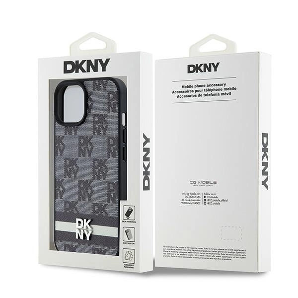 DKNY Leather Checkered Mono Pattern & Printed Stripes Case for iPhone 15 Plus / 14 Plus - Black